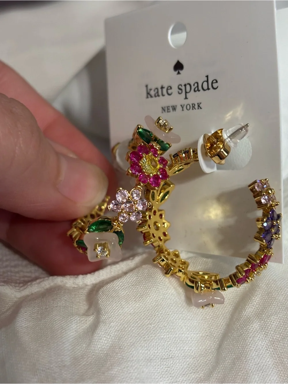 kate spade Gold Hoop Earrings with Pink, Purple, Green and Clear Stones